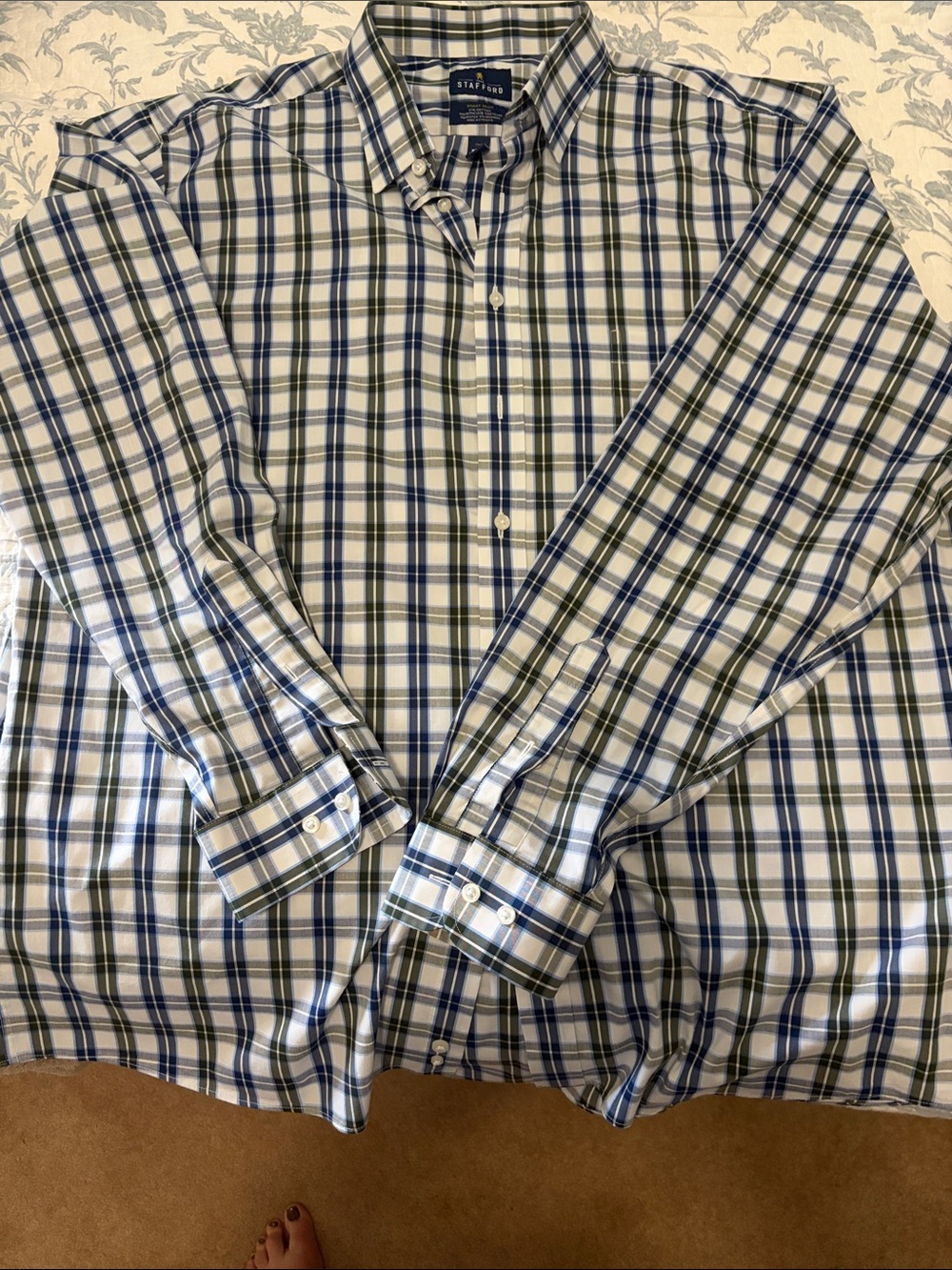 Stafford Blue, Green & White Plaid Button-Down Shirt
